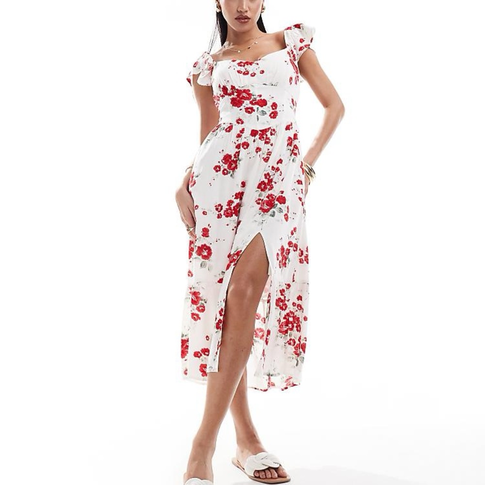 Hollister White and Red Floral Maxi Dress
